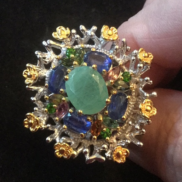 Fabulous Genuine Emerald, Tourmalines & Kyanite Ring - Picture 9 of 9